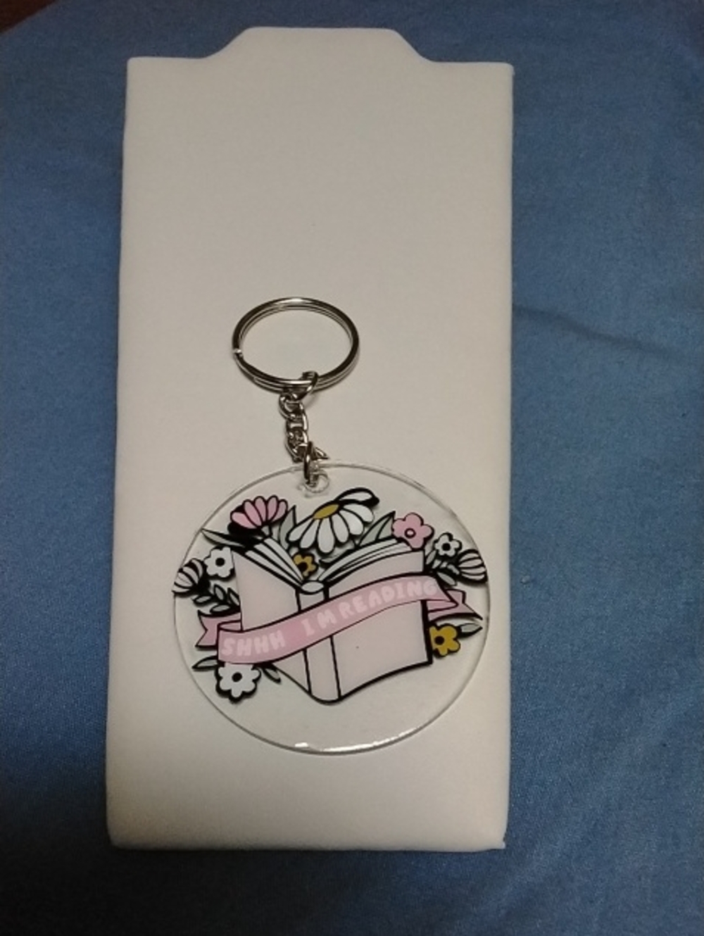 Acrylic 'Shhh I'm Reading' Keychain with Floral Design - Pink Accent